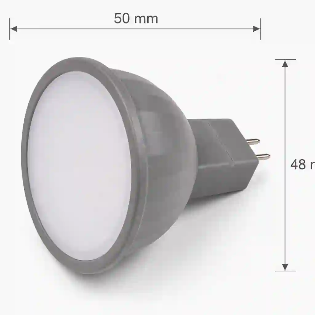 Detail žárovky MR16 s okótovaným průměrem 50 mm a výškou 48 mm